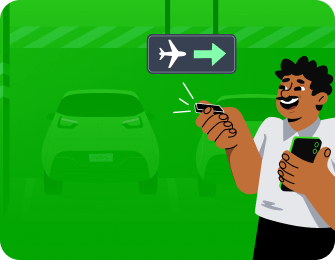 Ilustração de uma pessoa com celular e alarme do carro na mão em um estacionamento